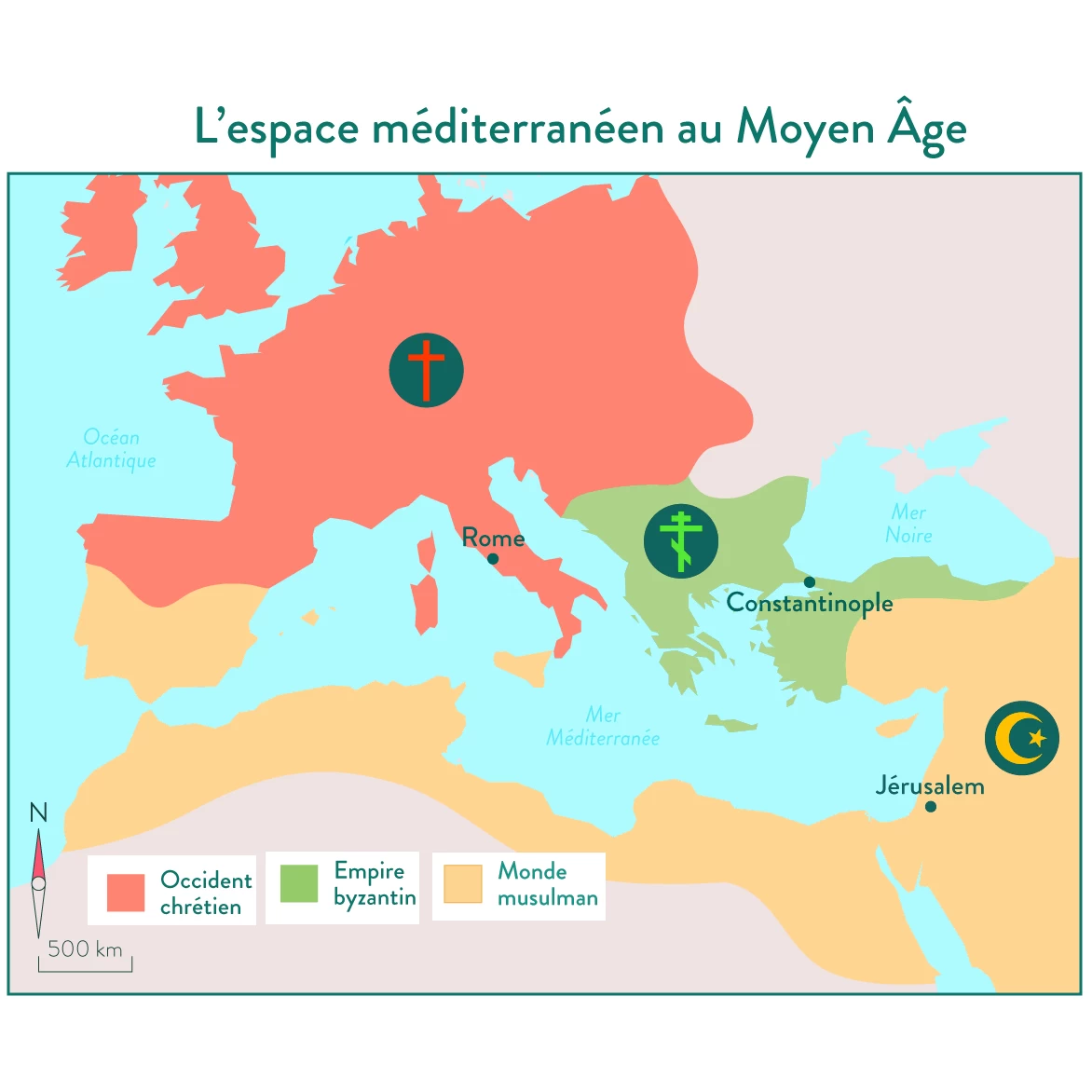 Carte des civilisations autour de la Méditerranée au VIIIe siècle