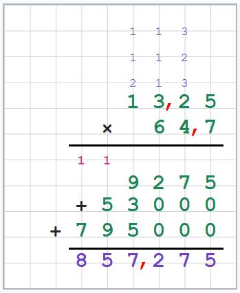 Multiplication d’un décimal par un entier 13,25 x 64,7