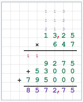 Multiplication d’un décimal par un entier 13,25 x 647