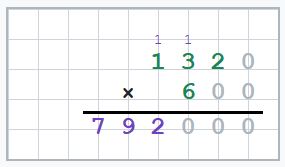 Multiplication posée avec des zéros finaux : 1320 x 600